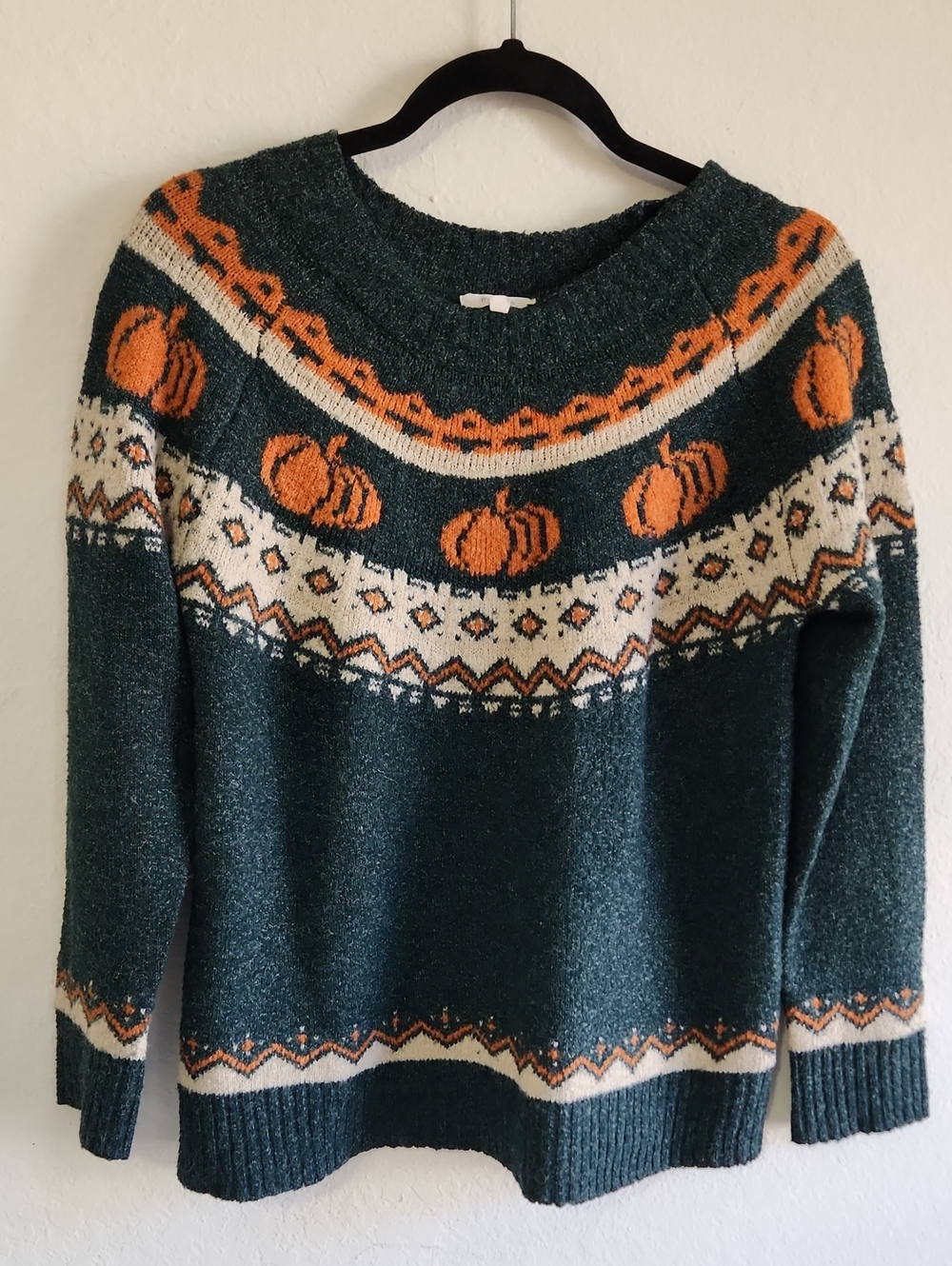 Dark Green Pumpkin Fair Isle Yoke Knit Sweater Size M